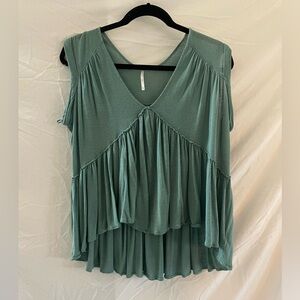 Free People Teal Short-Sleeve Flowy Shirt